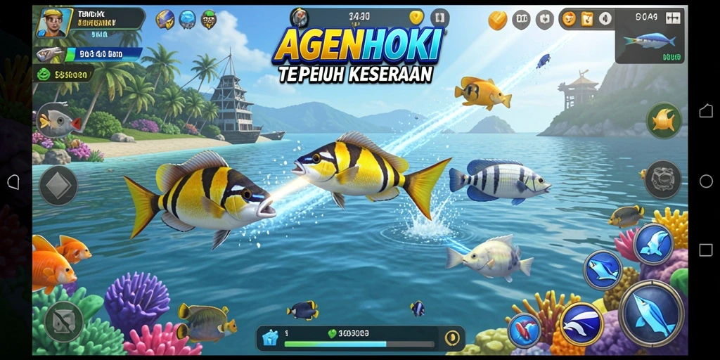 Screenshot AGENHOKI menampilkan aksi seru dalam menembak ikan.