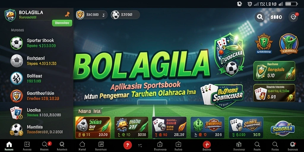 Screenshot BOLAGILA menampilkan antarmuka aplikasi Sportsbook yang menarik.