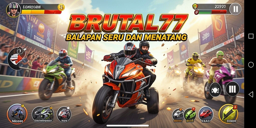 Screenshot gameplay BRUTAL77 menampilkan aksi balapan yang mendebarkan.