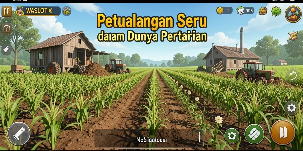 Tangkapan layar dari gameplay WASLOT menampilkan ladang hijau dan aktivitas bertani.